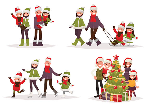Merry Christmas and New Year. Holiday family set. Parents and children are skating and sledding, decorate the Christmas tree. Vector illustration in a flat style